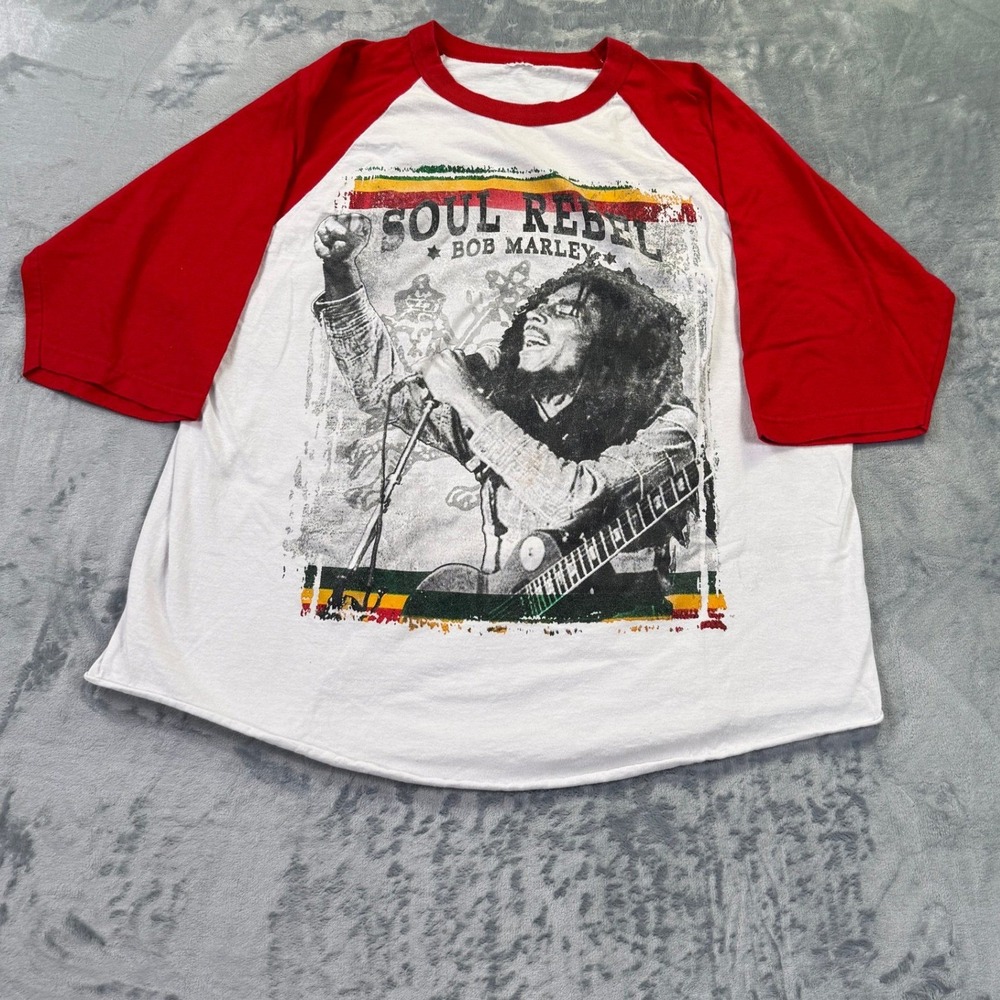 Bob Marley Soul Rebel Mens Graphic Raglan Shirt Red White 3/4 Sleeve  Distressed